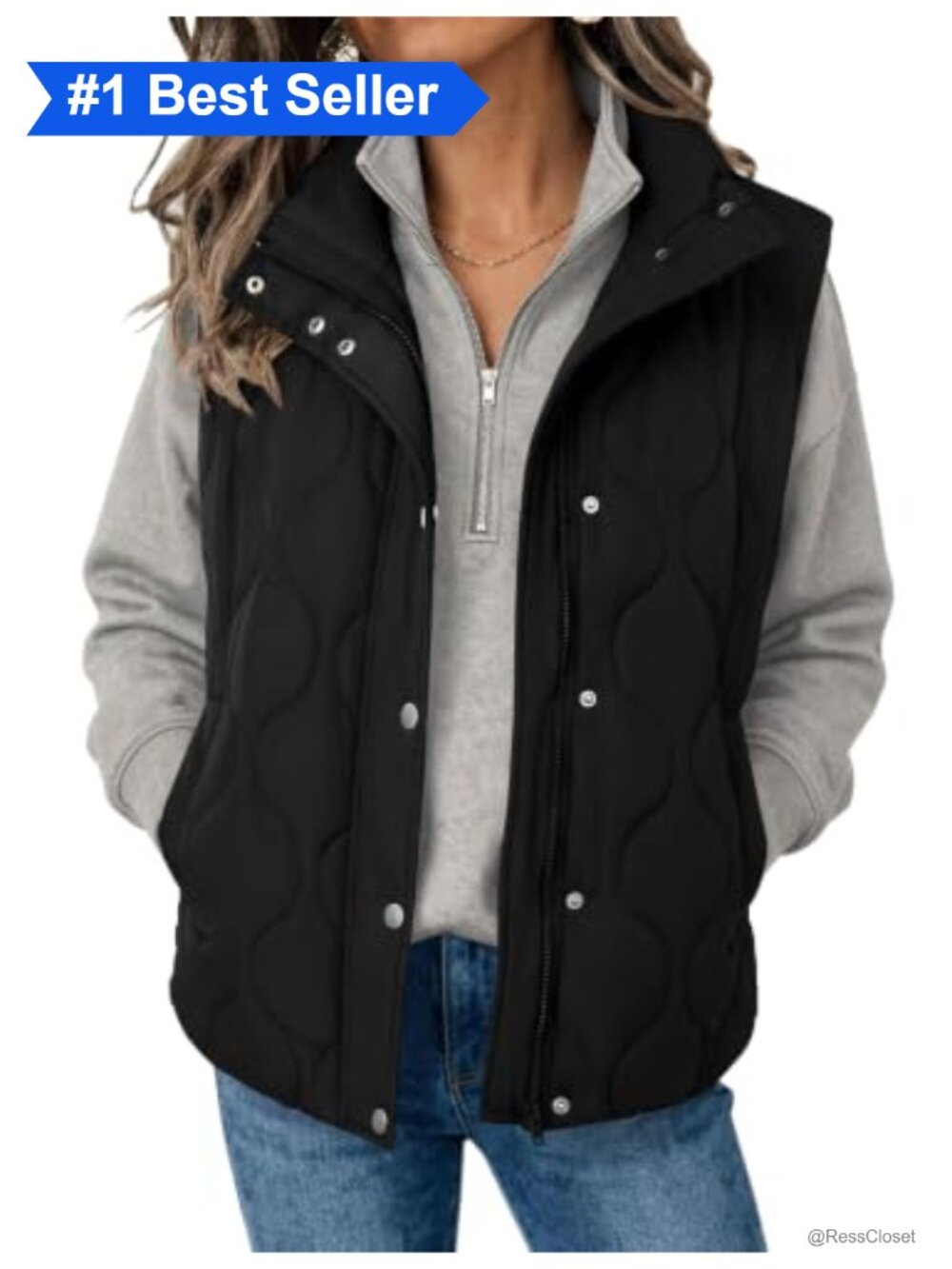 Womens Oversized Quilted Puffer Vest Zip Up Stand Collar Sleeveless